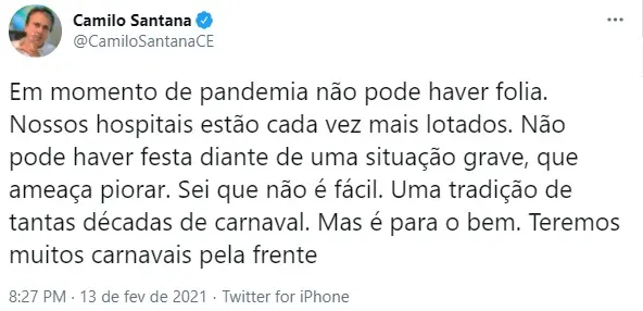 Tweet publicado por Camilo Santana