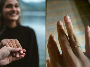 Imagens de João segurando mão de Sasha com anel de noivado