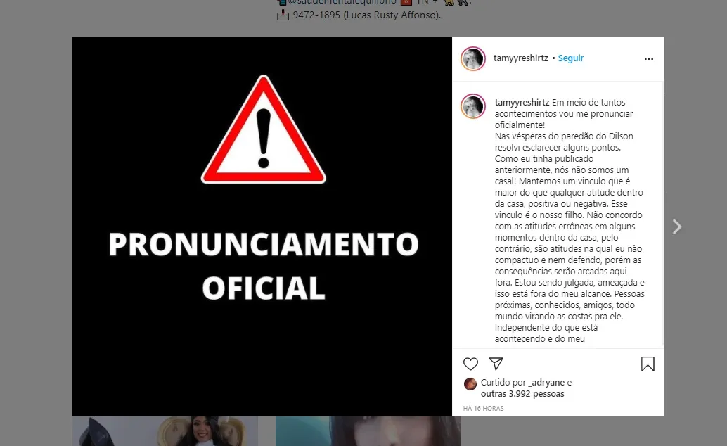 Publicação em rede social Tamyres Hirtz