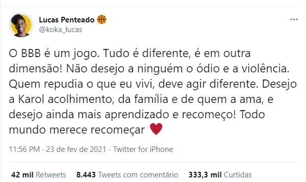 Tweet de Lucas Penteado sobre Karol Conká