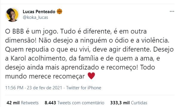 Tweet de Lucas Penteado sobre Karol Conká