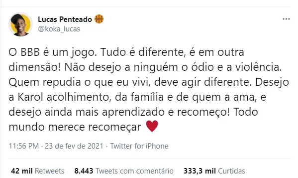 Tweet de Lucas Penteado sobre Karol Conká