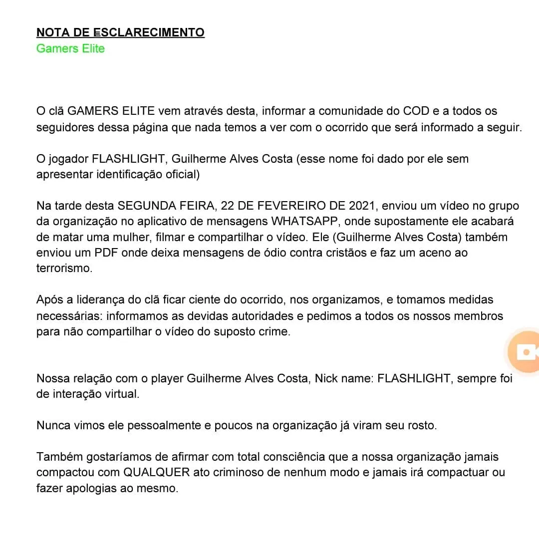 Comunicado postado pela Gamers Elite nas redes sociais.