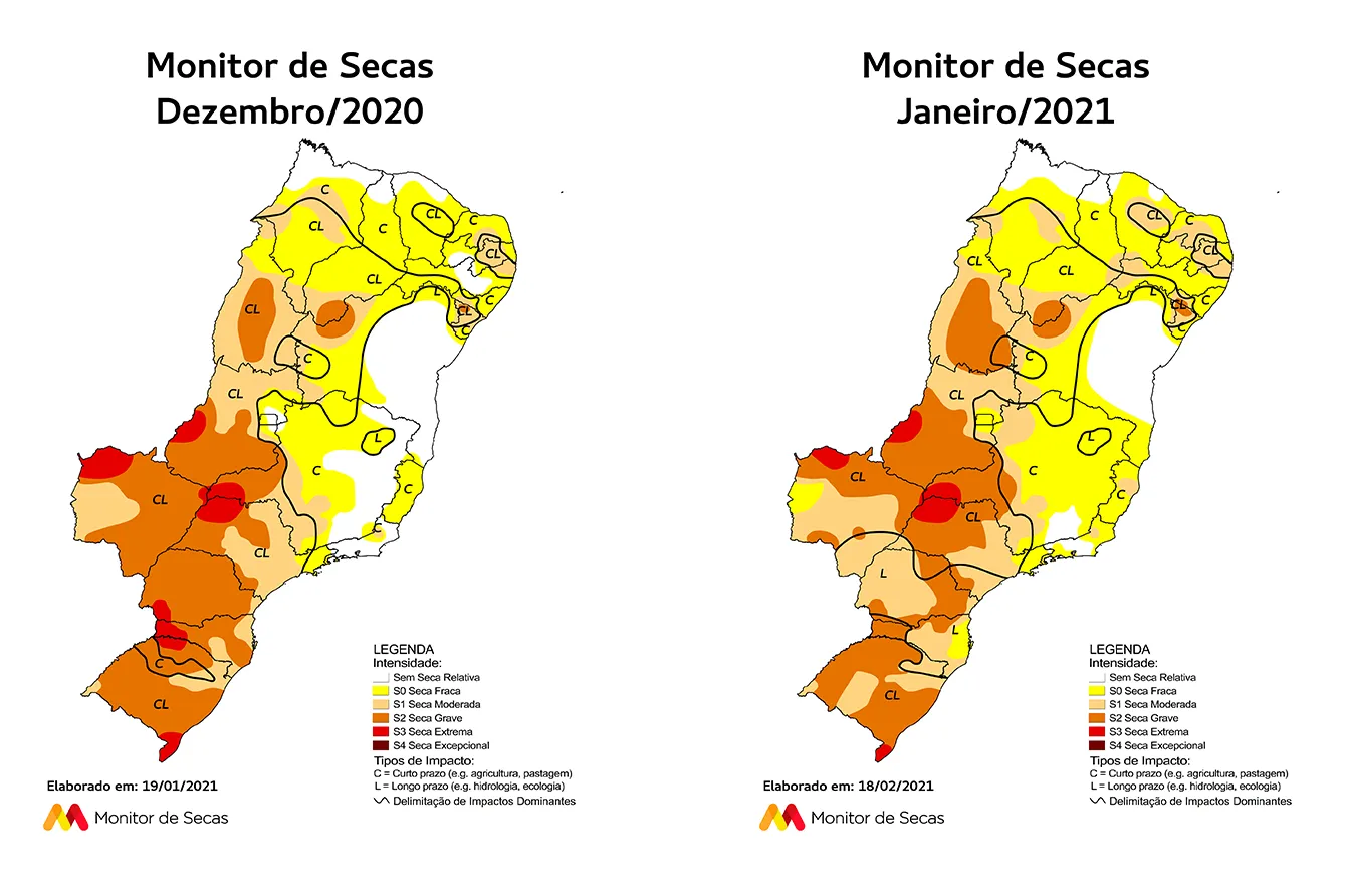 Monitor de Secas apronta o cenário de secas, comparando dezembro de 2020 com janeiro de 2021