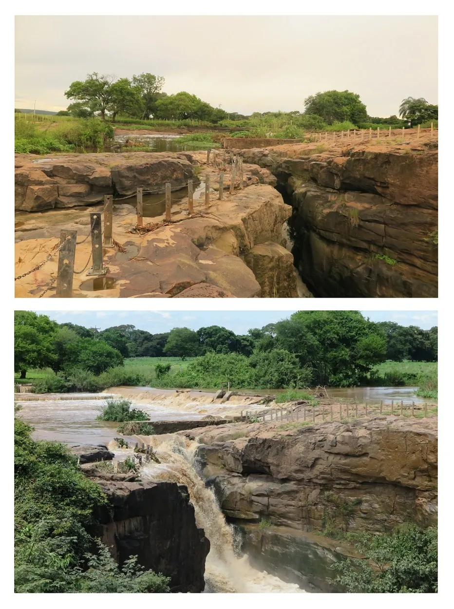 A Cachoeira de Missão Velha, em dois momentos: seca, em 2020, e com a água que recebeu do Rio São Francisco