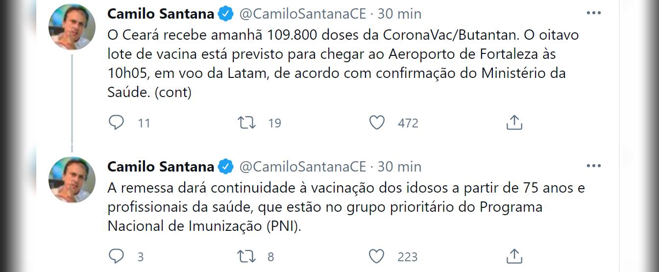 Tweets de Camilo Santana sobre a chegada de novo lote de doses da vacina Coronavac