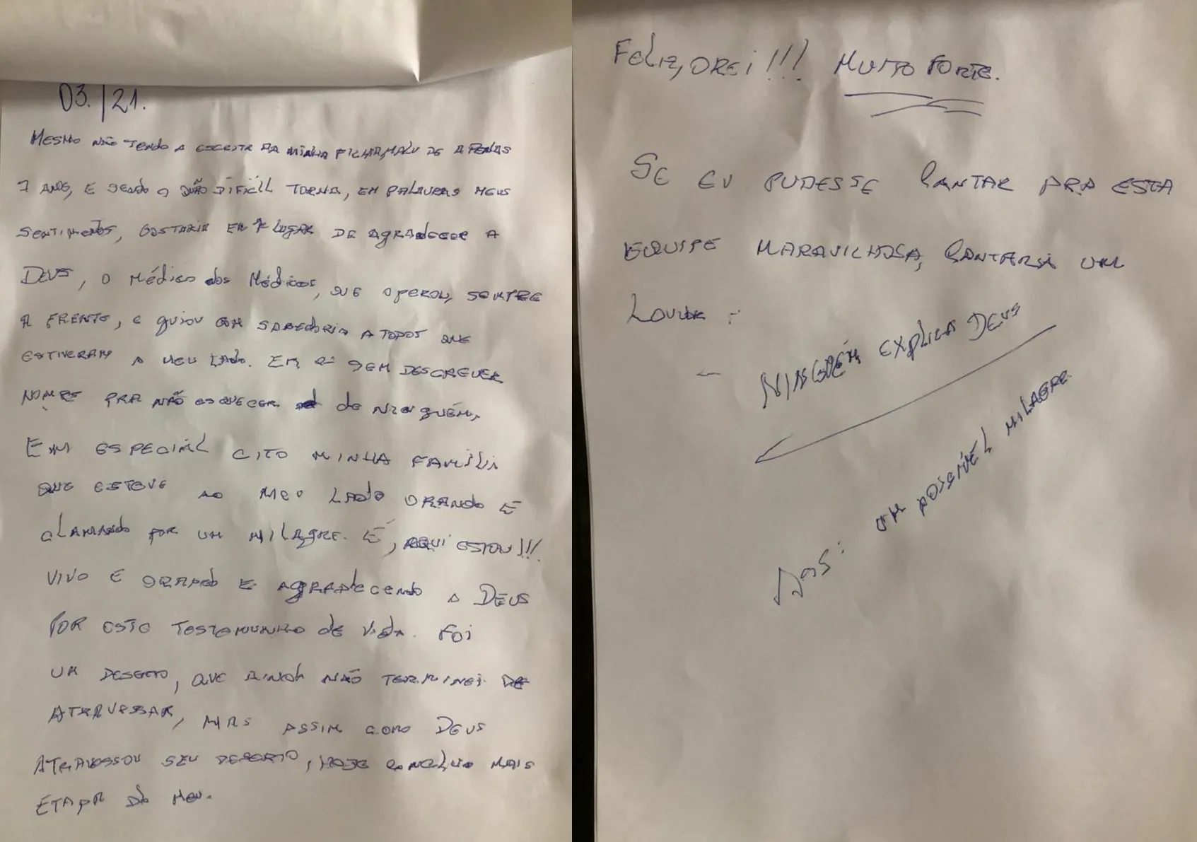 Mesmo com coordenação motora comprometida, Júnior escreveu carta a familiares, amigos e profissionais da saúde