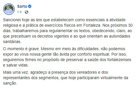 Print da publicação do Sarto no Facebook