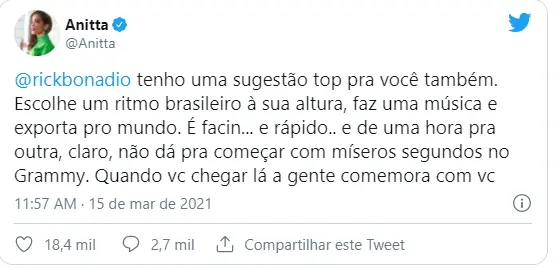 Print da publicação da Anita