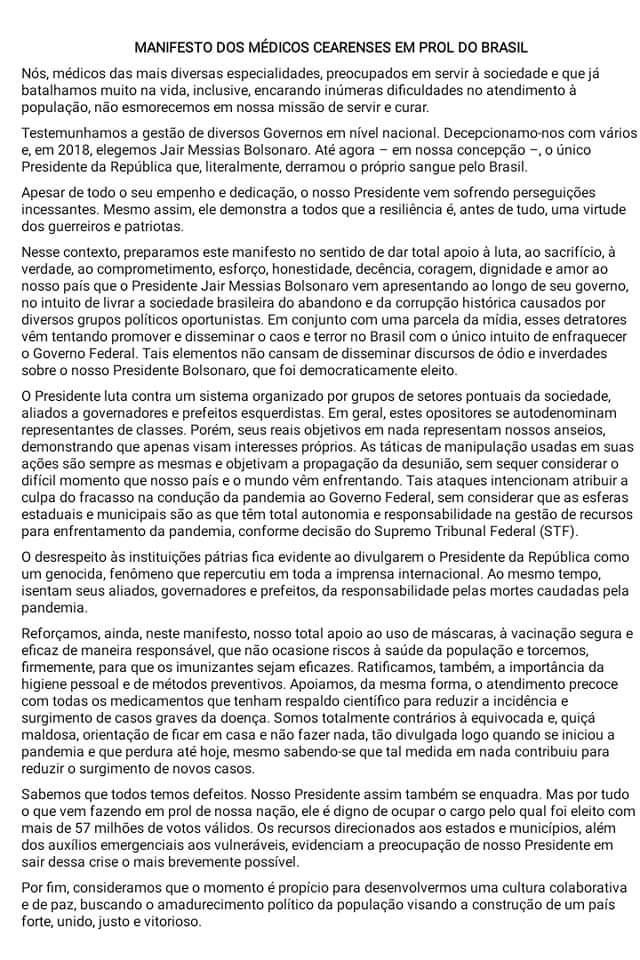 manifesto pró-Bolsonaro