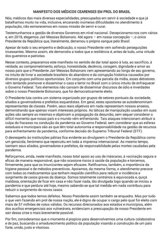 Manifesto dos médicos cearenses em prol do Brasil tem 219 assinaturas