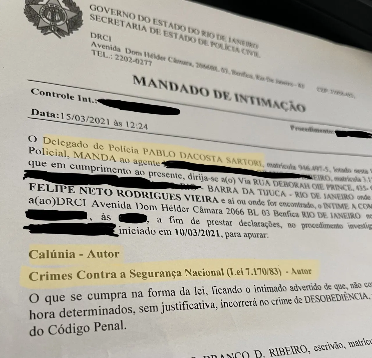 O influenciador foi intimado a prestar depoimento nesta quinta (18)