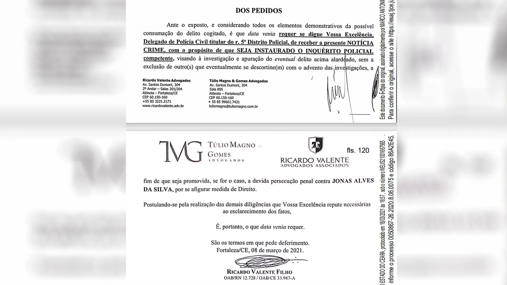 Trecho da notícia-crime apresentada pela defesa de Wesley Safadão