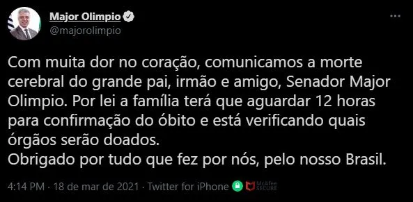 Mensagem da equipe do parlamentar foi divulgada na tarde desta quinta
