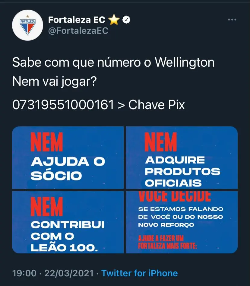 Fortaleza anunciou Nem causando polêmica com o torcedor, depois apagando o post