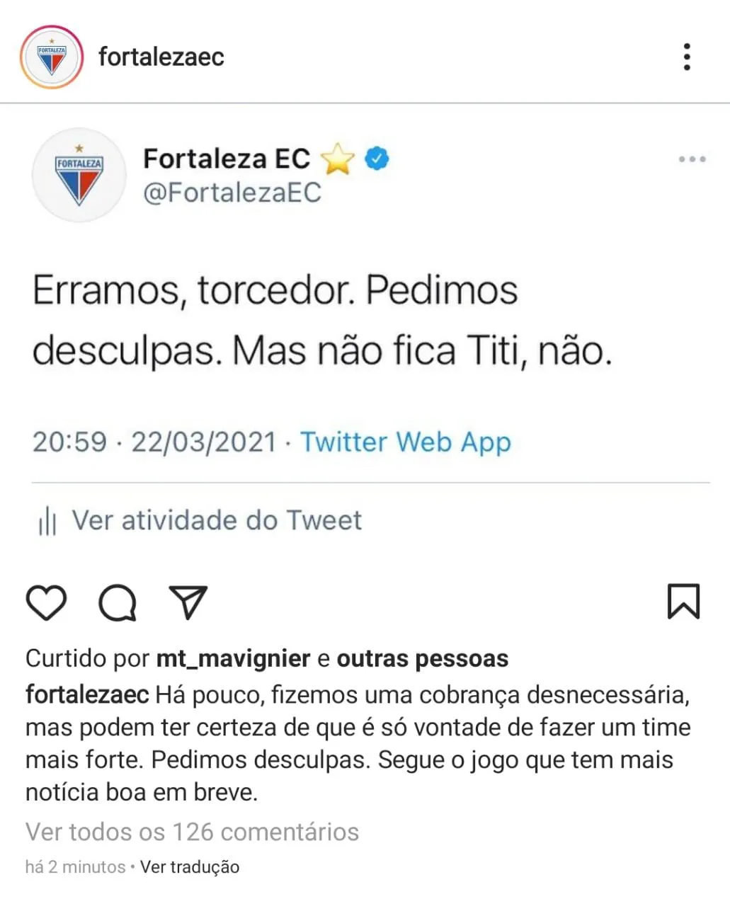 Em seguida, o Leão postou pedindo desculpas ao torcedor e anunciado Titi