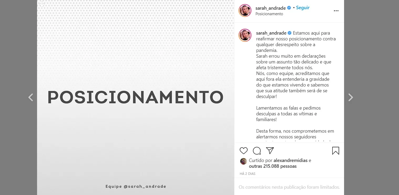 Em rede social, a equipe de Sarah publicou posicionamento sobre a pandemia