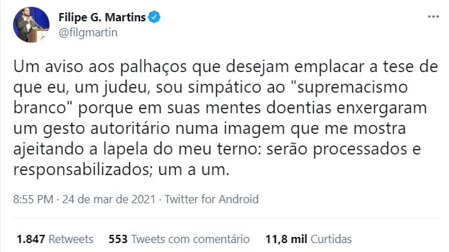 Tuíte de Filipe Martins