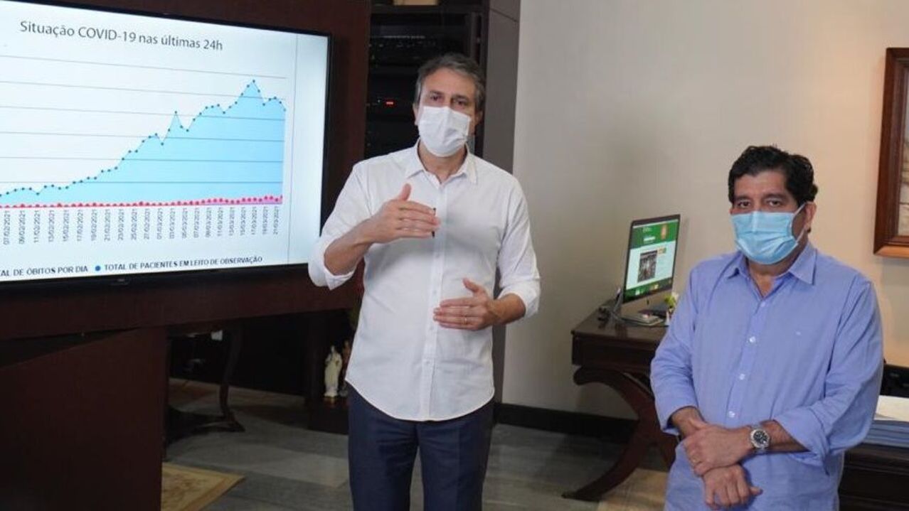 O governador do Estado do Ceará, Camilo Santana, ao lado do secretário de Saúde do Estado, Dr. Cabeto, apresentam dados da covid-19