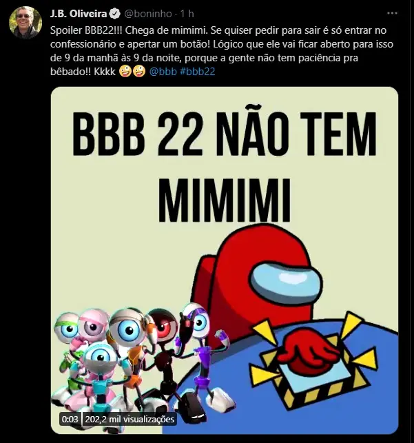 Tuíte de Boninho sobre o botão de desistência do BBB 22