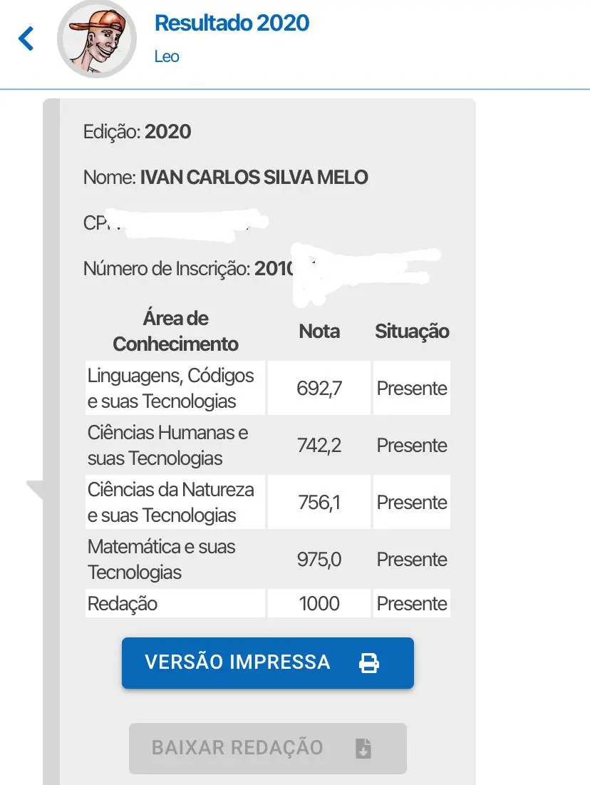 Resultados de Ivan Carlos no Enem 2020.