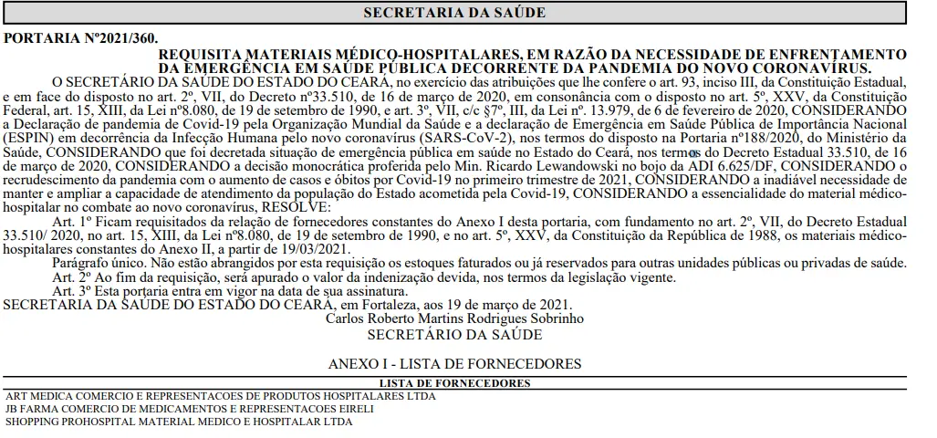 Print do texto publicado no Diário Oficial