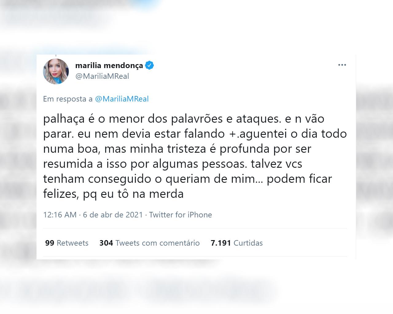 Texto publicado por Marília Mendonça no Twitter