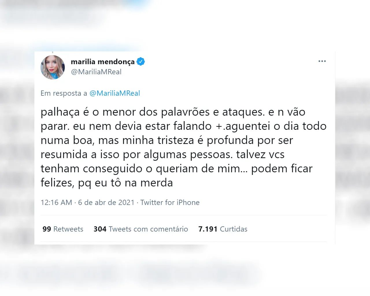 Mensagem publicada por Marília Mendonça em rede social