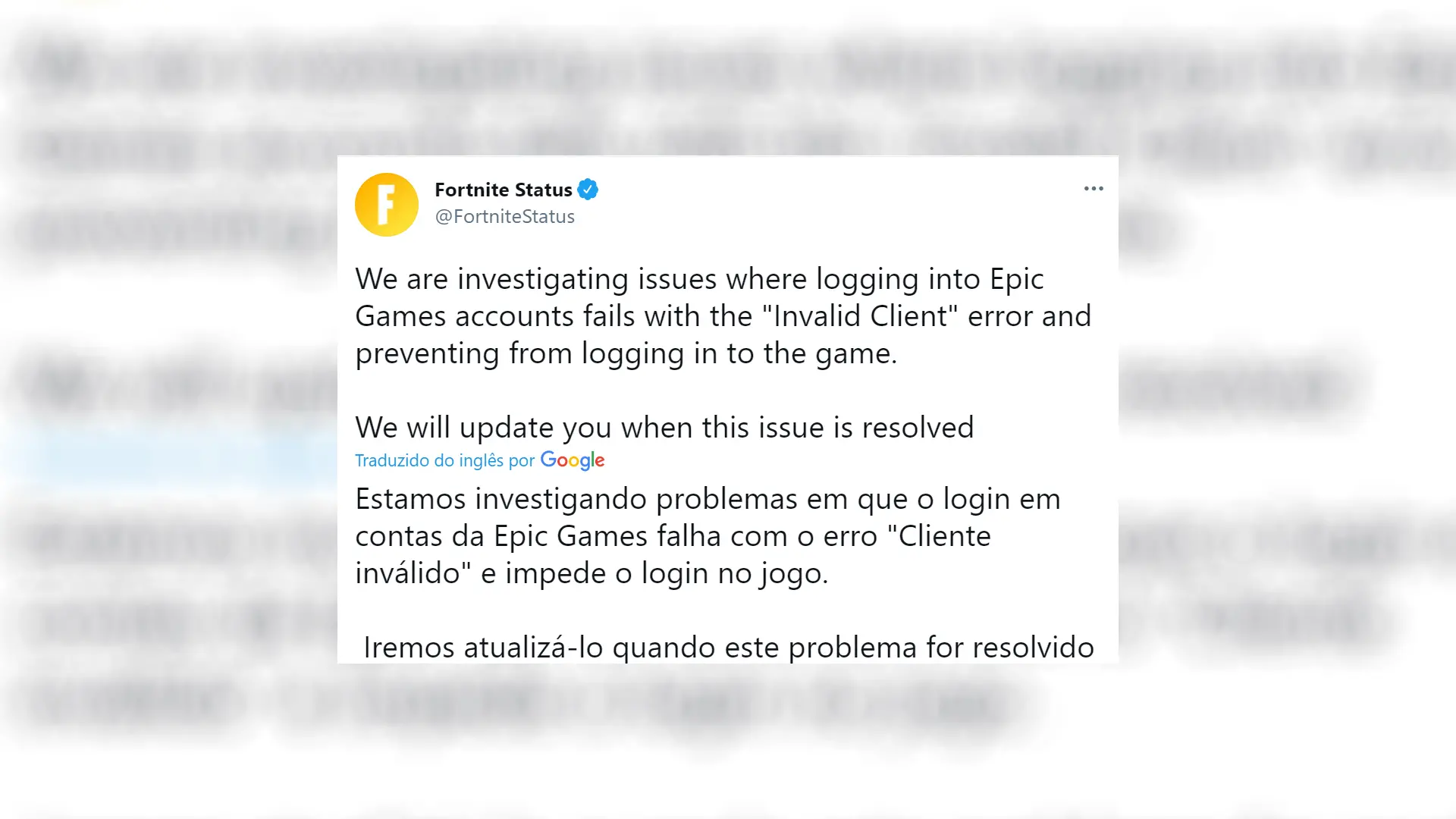 Tweet da produtora do game Fortnite sobre instabilidades no game