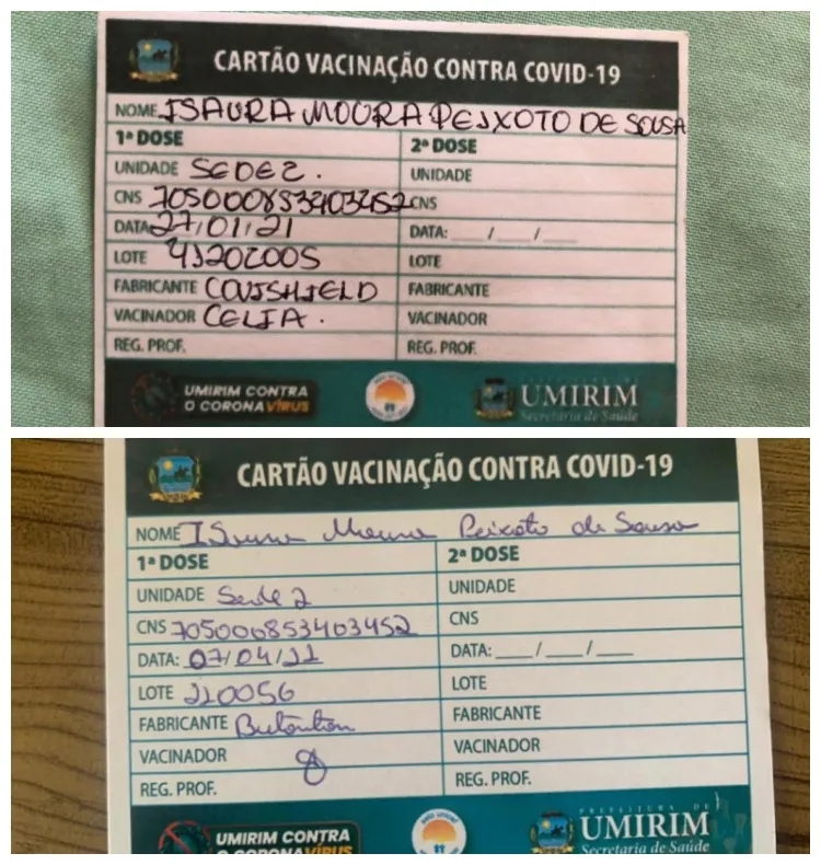 No dia 27 de janeiro, a idosa recebeu a dose da AstraZeneca e nesta quarta-feira (7) da CoronaVac