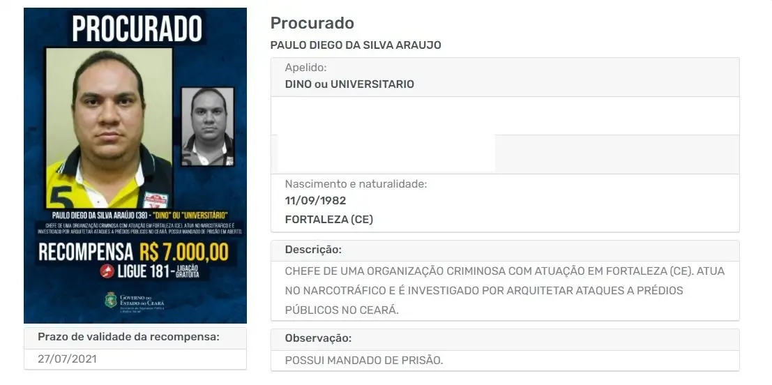 O nome de Paulo Diego entrou para o Programa de Recompensas da SSPDS, no fim de março deste ano