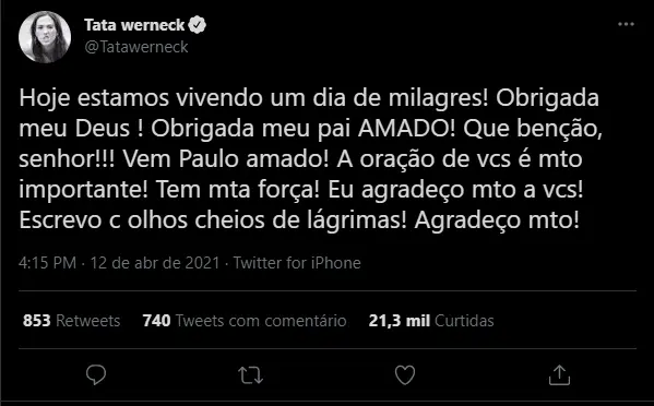 Captura de tela do twitter de tatá werneck, amiga de Paulo Gustavo, que está internado com Covid-19