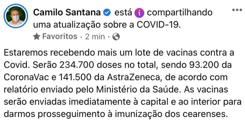 Camilo Santana divulgou a informação nas redes sociais nesta quarta-feira