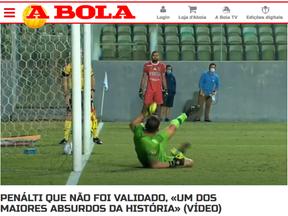 Foto da manchete do jornal A Bola com foto do gol anulado do Ferroviário