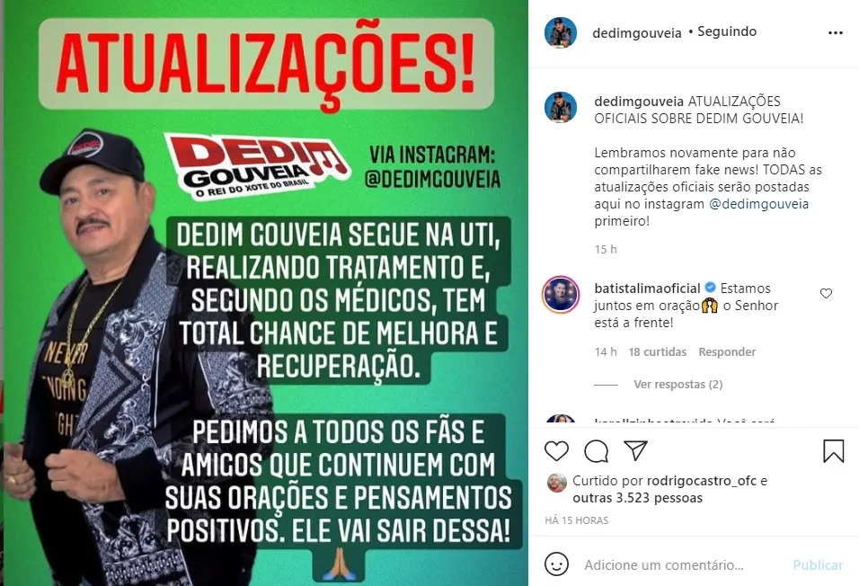 Publicação com estado de saúde de Dedim Gouveia em rede social