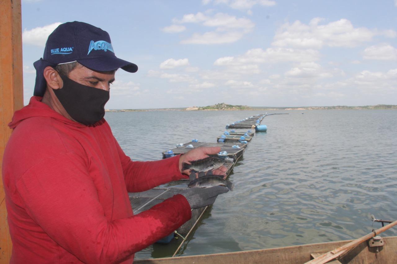 PISCICULTOR LAUDO CLEMENTINO; SEGURANDO PEIXE