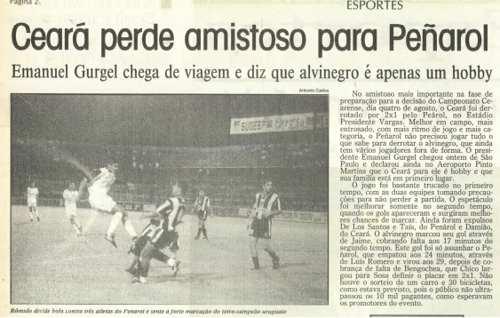 Fac-símile da edição de 1997 do Diário do Nordeste relatando o amistoso entre Ceará e Peñarol do PV