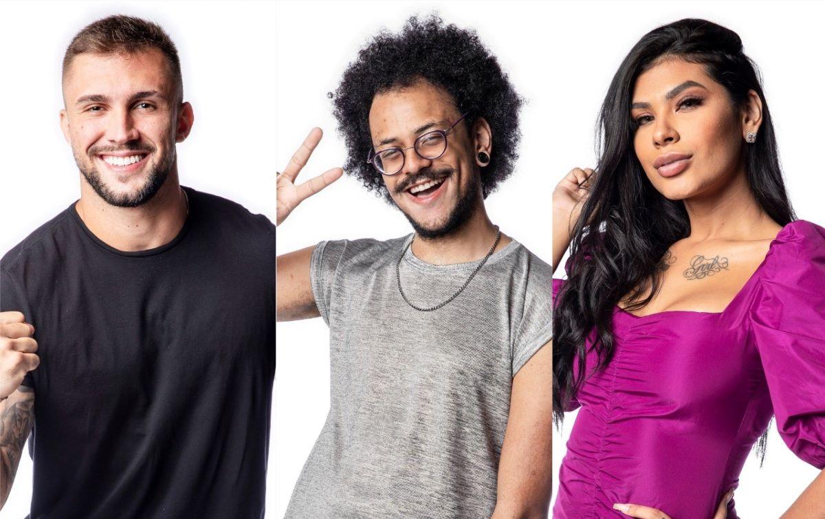 Montagem de fotos de Arthur, João e Pocah do BBB 21, que estão no paredão