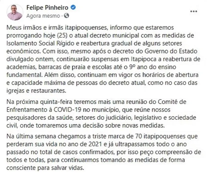 Posicionamento de Felipe Pinheiro sobre a manutenção do decreto municipal