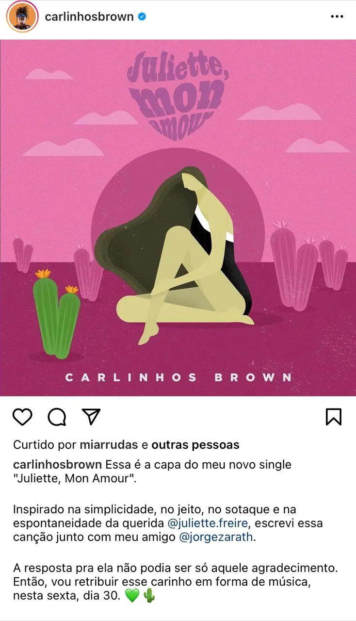 Anúncio do novo single foi feito por Carlinhos Brown em post nas redes sociais