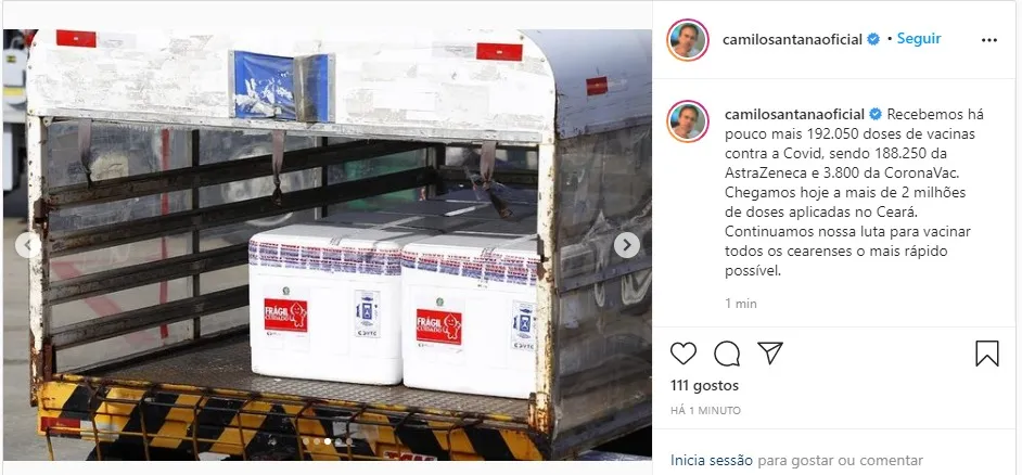 O governador Camilo Santana (PT) anunciou a chegada da nova remessa nas redes sociais