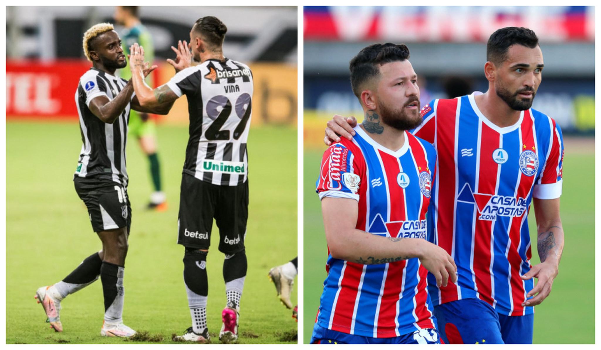 Mendoza e Vina do Ceará comemoram gol, Rossi e Gilberto do Bahia se abraçam em celebração