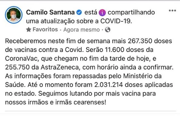 Post do governador nas redes sociais anuncia novo lote de vacina