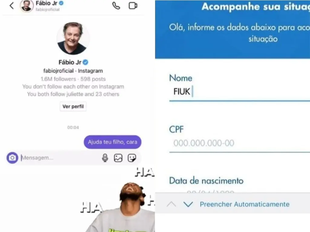 Humorista Paulo Vieira enviou mensagem para Fábio Jr. e também simulou pedido de auxílio emergencial para Fiuk