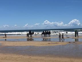 Equipe de cavalaria da Polícia Militar em meio a pessoas na faixa de areia da Praia do Futuro