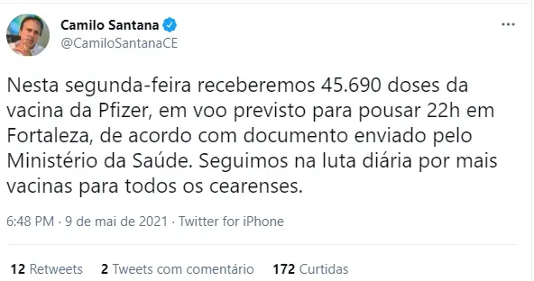 Tuíte de camilo santana anunciando chegada de vacinas da pfizer