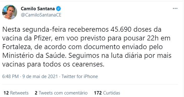 Tuíte de camilo santana anunciando chegada de vacinas da pfizer