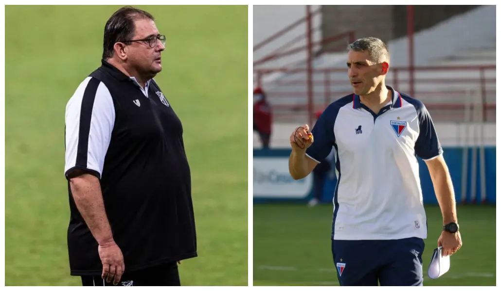 Guto Ferreira do Ceará na beira do campo e Vojvoda com dedo levantado em treinamento