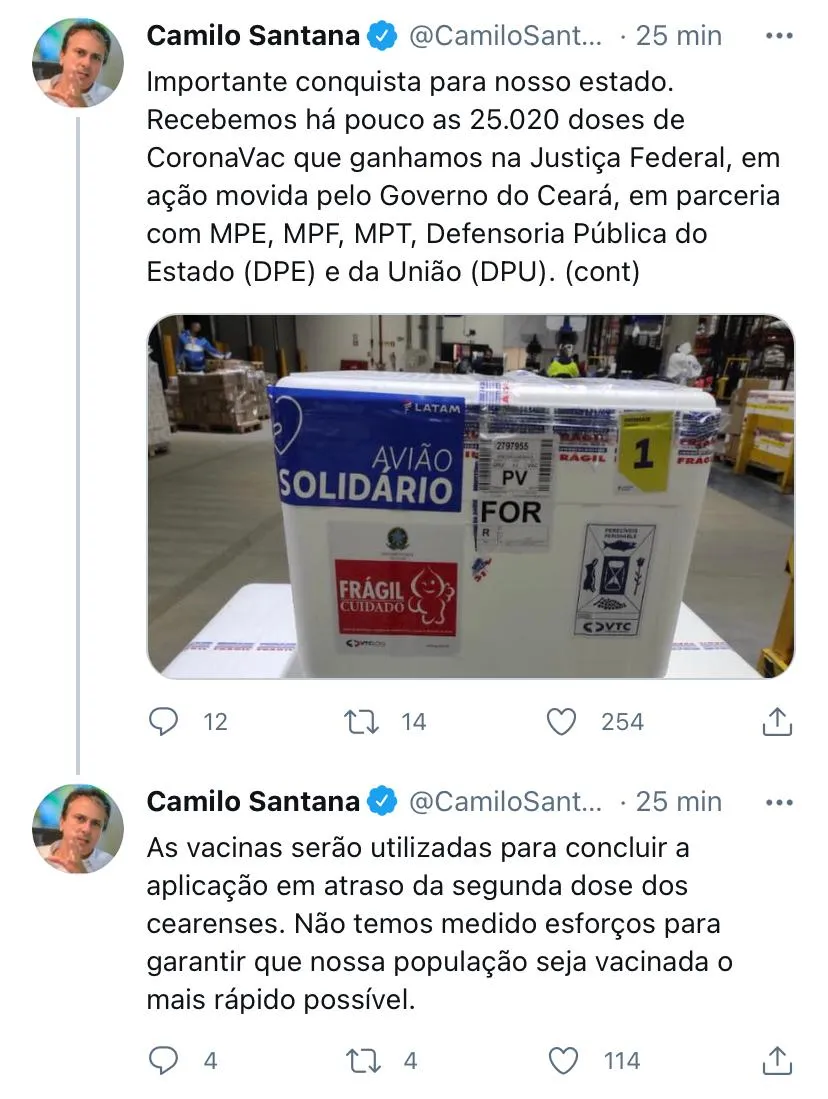 Governador fez o anúncio da remessa em post nas redes sociais