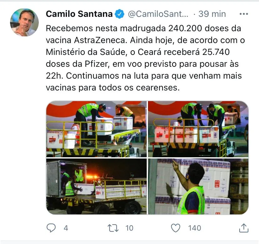 Publicação do governador sobre o envio de novas doses ao Ceará